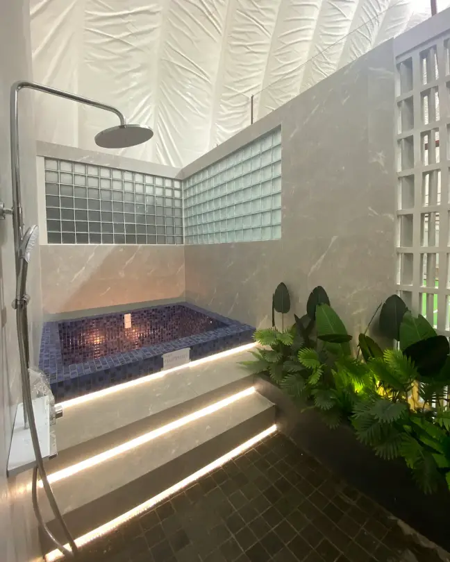 Cold plunge with rain shower